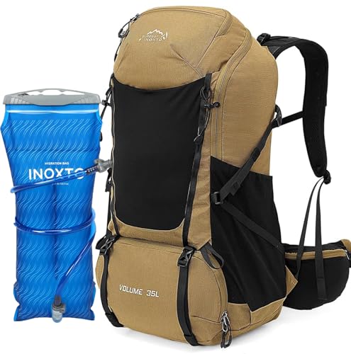 INOXTO 35L Hiking Backpack with 3Lwater bladder, Camping Backpack with Waterproof Rain Cover for Men, Outdoor Sport Travel Daypack for Climbing (Khaki 2)