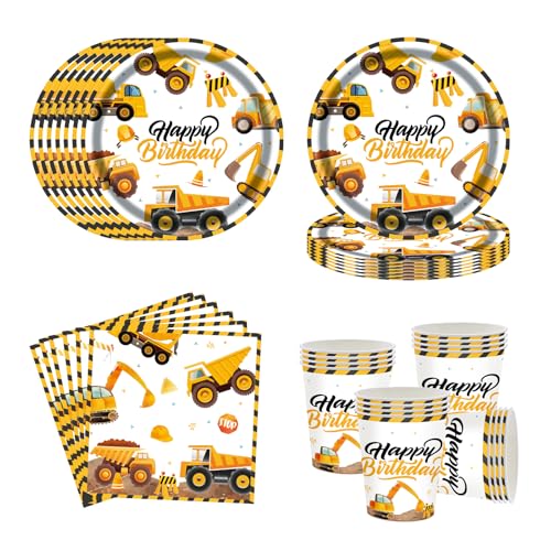 Conjunto de louça para festa de obras de construção de 60 peças, louça de aniversário de escavadora para 20 pessoas, pratos de papel, copos, toalhas de papel, decorações de aniversário infantis