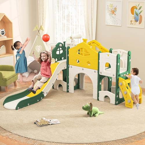 Toboggan pour Enfant 7 en 1,Toboggan Multifonction pour Enfants,avec Cadre d'escalade, Télescopes,Couloir de Jeu,Glissière Interieur Enfant avec 1 Glissière, Jaune + Vert