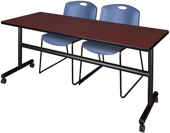 HomeStock Island Oasis Flip Top Mobile Training Table in Mahogany with 2 Zeng Stack Chairs in Blue Perfect for Flexible Learning and Meeting Room Solutions