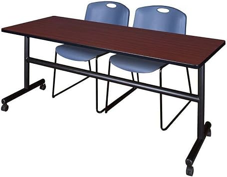 HomeStock Island Oasis Flip Top Mobile Training Table in Mahogany with 2 Zeng Stack Chairs in Blue Perfect for Flexible Learning and Meeting Room Solutions