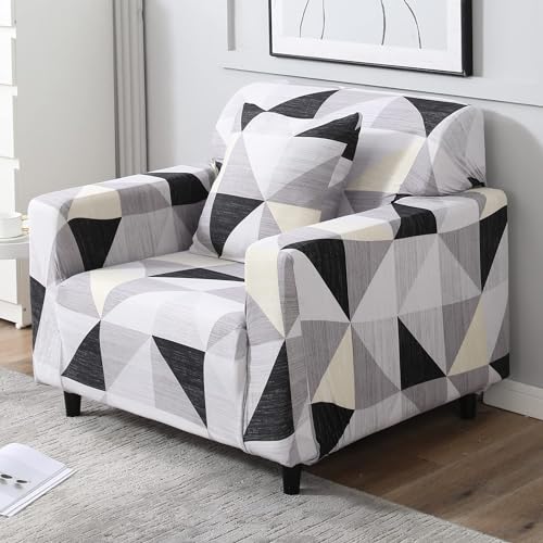 Image of HOKIPO Stretchable Elastic Couch Cover 1 Seater, Black Grey Geometric (NEW-AR-4093-D6)