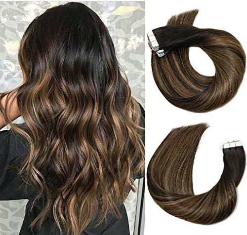 VARIO Hair Tape In Hair Extensions Human Hair 20pcs/50g Per Set #1BT6P1B Natural Black to Chestnut Brown Highlight Black Piano Color Skin Weft Remy Silk Straight Hair Tape in Extensions 18 Inch