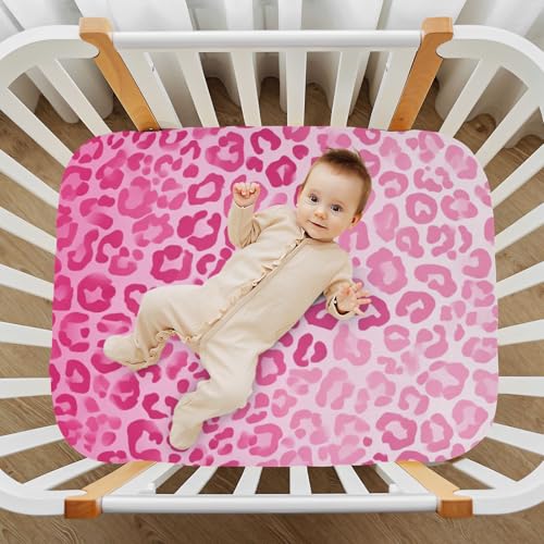 Image of Crib Sheet Breathable Soft Crib Mattress Sheet for Baby Toddler Boys Girls Fitted Crib Sheet Fit Standard Crib Mattress 52 x 28 Inch Gradient Pink Leopard Print
