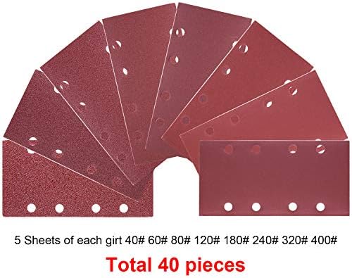 SIQUK 40 Pieces Sanding Sheets 93 x 185 mm Hook and Loop Sander Pads Assorted 40/60/ 80/120/ 180/240/ 320/400/ Grits Fit Rectangular Sander