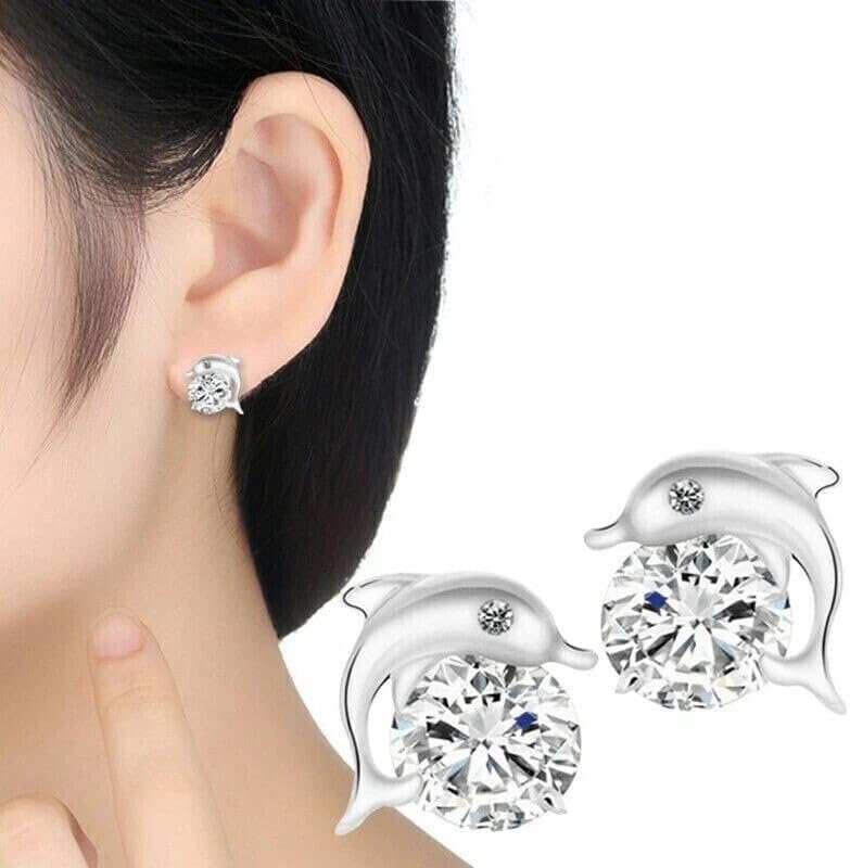 Ashu jewellers || 3Ct Round Cut Lab Created Diamond Dolphin Shape Stud Earrings 14K White Gold Plated 925 Sterling Silver For Her