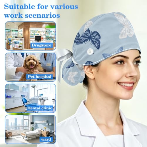 Image of Butterfly Scrub Cap Women with Ponytail & Buttons Adjustable Surgical Nurse Hat with Cotton Sweatband for Long Hair