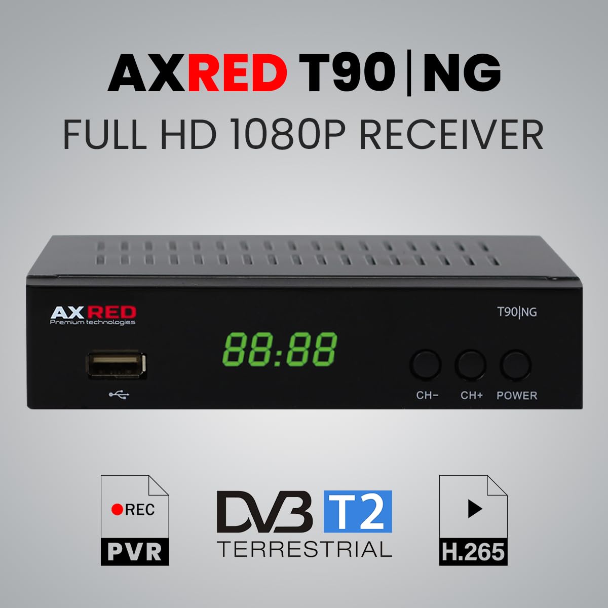 AXRED T90 HD DVB-T2 Receiver mit PVR Aufnahmefunktion, DVB-T & DVB-T2 Antennen, HDMI SCART USB