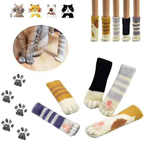 20 Chair Feet Sock - Furniture Feet Covers Caps Pads - Flexible Anti Scratch Knitted Wool Chair Leg Floor Protectors - Cute Cat Paw Design, 5 Different Colors in 1 Pack