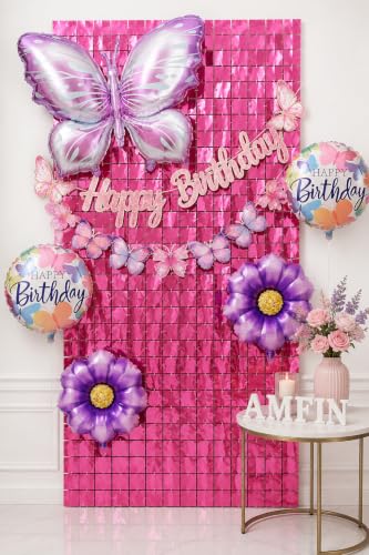 Image of AMFIN (Pack of 8) Butterfly Theme Birthday Decoration Kit Metallic Finish Women Girls Item Purple Rainbow Flower