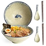 Niturceal Ceramic Ramen Bowl Set of 2, 40oz Japanese Noodle Bowls with Spoons & Chopsticks Porcelain Large Soup Bowl for Pho, Udon, Retro Style Tableware Microwave & Dishwasher Safe, Fish