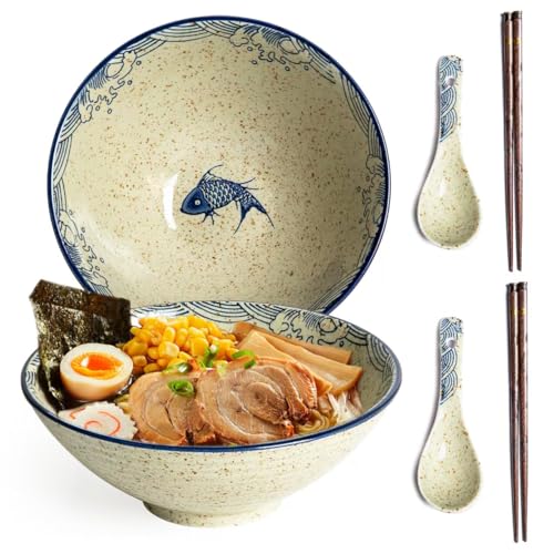 HLWDXno1 Ramen Bowl Set of 2 Ceramic Noodle Bowl with Chopsticks & Spoons 1200ml Large Soup Bowls Japanese Style Retro Porcelain Microwave Tableware Ramen Gift Set for Salad Pho Pasta Udon Fish