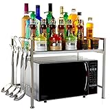 Eigenschaften und Benutzerfreundlichkeit: Multifunktionales Lagerregal, in dem Mikrowellenherd, Ofen, Topf, Gewürzflasche usw. aufbewahrt werden können. Sehr praktisches, zweilagiges Design mit Aufhängestangen, um den Stauraum zu vergrößern und mehr Gegenstände aufzunehmen.