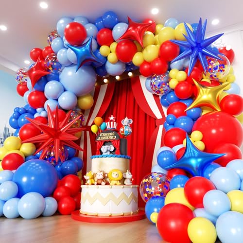 PTGOLUO Carnival Balloon Garland Arch Kit 153pcs with Star Red Blue Yellow Primary Color Balloons Rainbow Multicolor Confetti Balloons for Birthday Carnival Circus Theme Carnival Party Theme Decor