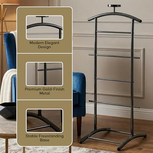 Image of Kings Brand Freestanding Metal Suit Valet Stand with Tie Bar, Black | Complete Clothing Organizer - Freestanding Valet Stand Organizes Jackets, Pants, Ties, Belts, And Accessories Neatly