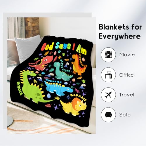 Dinosaur Blanket, Cozy Soft Throw Gifts for Teens Boys, 50x60 Inch Cute Flannel Blanket for Dinosaur Lovers, God Says I Am Throw Blankets for Bed Travel