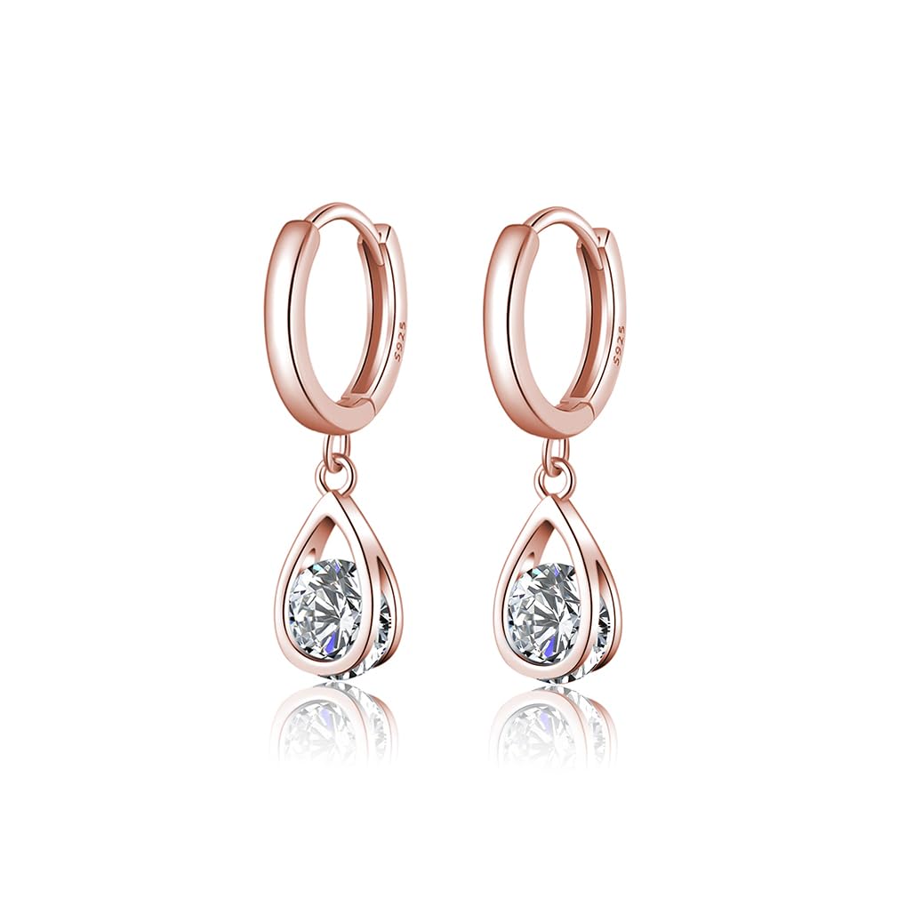 SLUYNZ Sterling Silver CZ Hoop Earrings Drop for Women Teens Sparkly Teardrop Huggie Earrings Simulated Diamond Earrings