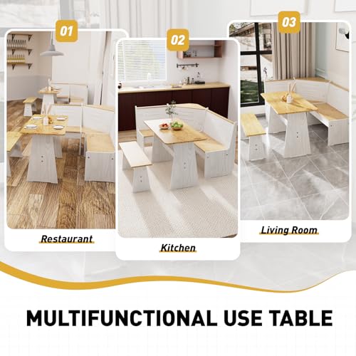 Image of Kitchen Breakfast Nook Table Set - Solid Wood Corner Bench Dining Set for 4-6 People, L Shaped Bench for Dinner Room, Space Saving Kitchen Booth Seating with Table for Small Space, Pure White