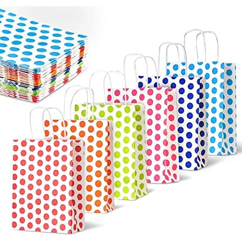 24 Stück Bunte Papiertüten mit Henkel,Geschenktüten Kleine,Mitgebseltüten für Mitgebsel Kindergeburtstag,Hochzeit Gastgeschenke,Festivalfeier,Party,Weihnachten,Halloween,Geburtstag,22x8x16cm Cover