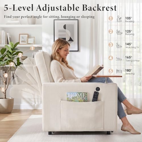 Image of Dreamzie 54'' Convertible Sleeper Sofa Bed with Swivel Side Table, Chenille Pull Out Couch for Living Room, Loveseat Sleeper Couch with Side Pocket | Charging Port | Cup Holder, Beige