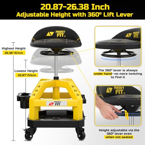Image of Rolling Shop Stool for Garage with Casters, DO02-Adjustable Height 360 Swivel Shop Seat with Tool Tray Storage, 330 LBS Capacity Padded Mechanic Stool, Magnetic Tool Hold, Heavy Duty,Yellow