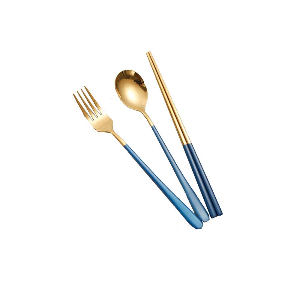 YOIQI Spoon， Stainless Steel Chopsticks, Spoons, Forks, Household Tableware Set, Single Three-piece Suit, Easy To Go Out and Carry On A Picnic (Color : Hortel�)