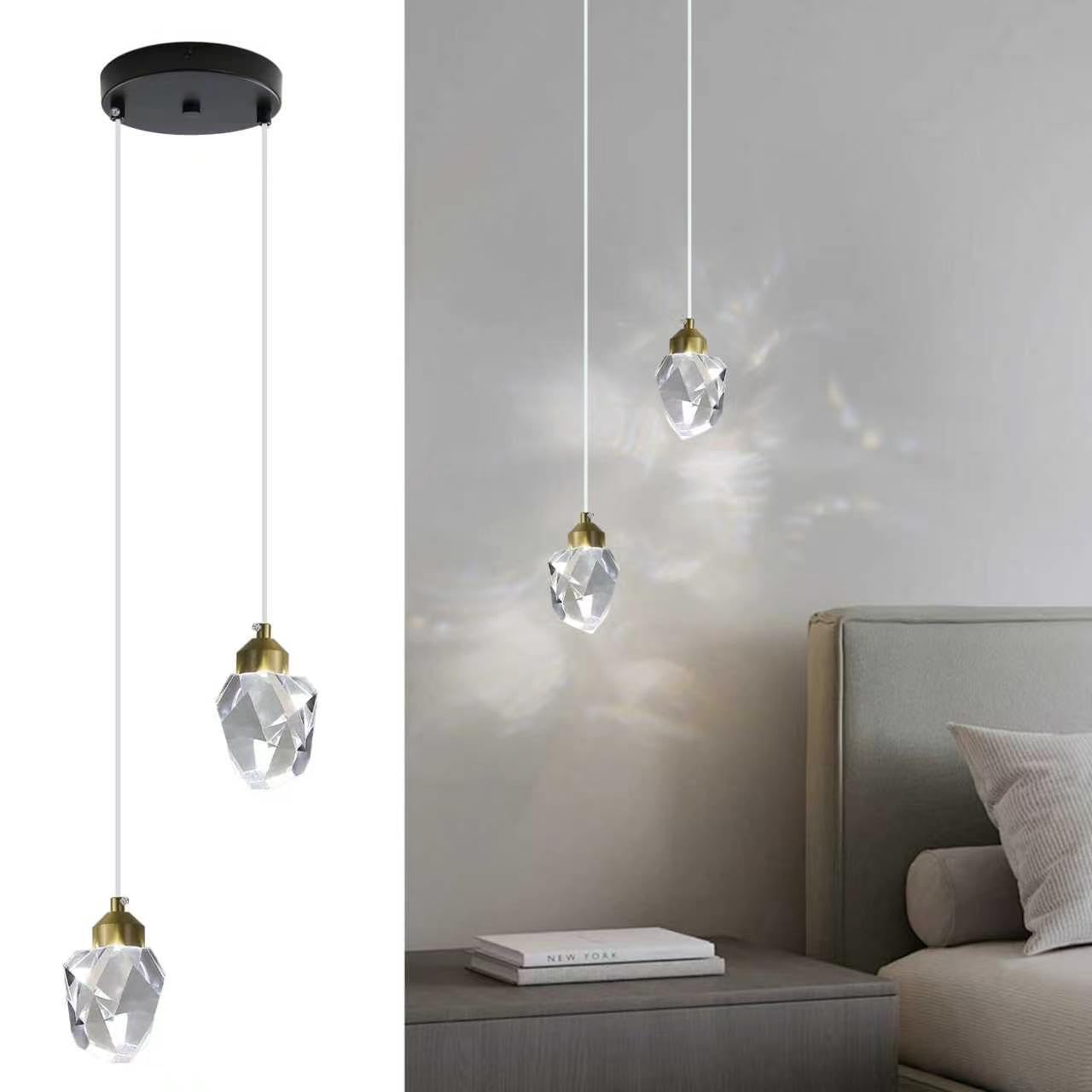 Sxtiger Modern Crystal Pendant Light, 3-Color LED Crystal Pendant Light, Adjustable Height Black Ceiling Hanging Pendant Lamp, for Kitchen Island Bedroom Dining Room (Black, 2-Head)