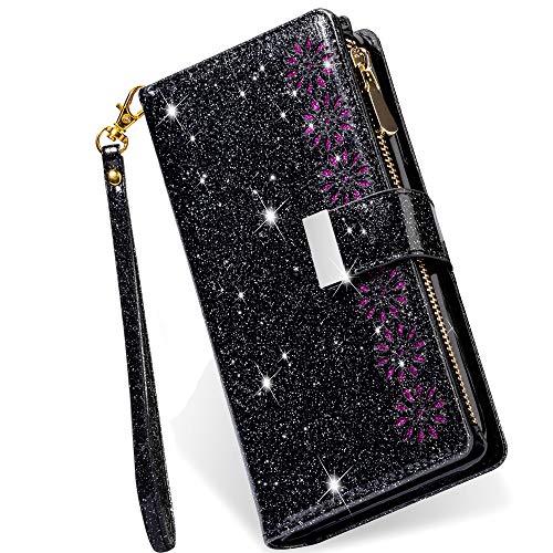 Galaxy S20 FE 5G Case Bling Wallet,Kudex [9 Card Slots] [Zipper Pocket] Glitter Leather Stand Flip Wallet Purse Handbag Case with Wrist Strap for Samsung Galaxy S20 FE/S20 Lite 6.5Inch(Black)
