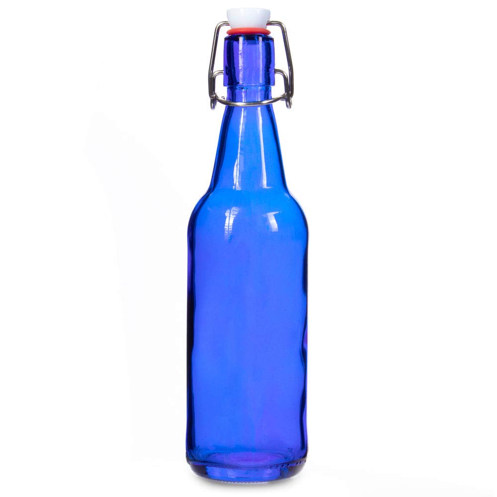16 oz. Blue Glass Grolsch Beer Bottle, Pint Size - Airtight Seal with Swing Top/Flip Top Stoppers - Supplies for Home Brewing & Fermenting of Alcohol, Kombucha Tea, Wine, Homemade Soda (1)