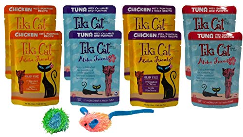 Tiki Cat Aloha Friends Grain Free Chicken Tuna Pumpkin Cat Food 4 Flavor Variety 8 Pouch with 2 Catnip Toys Bundle, (2) Each: Chicken, Tuna Calamari, Chicken Duck, Tuna Shrimp (2.5 Ounces)