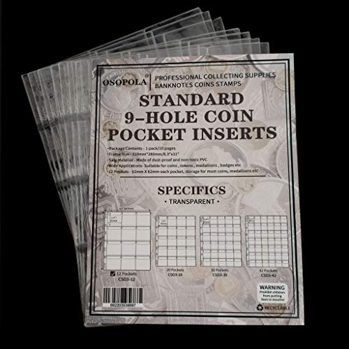 Image of 120 Pocket Coin Binder Pages 2.44 inch Collection Album Holder 10 Pcs | OSOPOLA Acidfree PVC 62x62mm Pockets Fit Coins With A Diameter Below 57mm 10 Binder Sheets 12 Pockets /Sheet CS03212