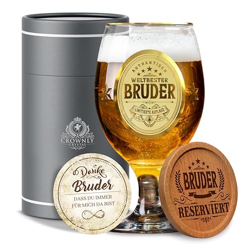 CROWNLY CRYSTAL® Personalisiertes Bierglas Mit Gravur - Geschenk für Bruder Zum Geburtstag - Männergeschenke für Den Besten Bruder