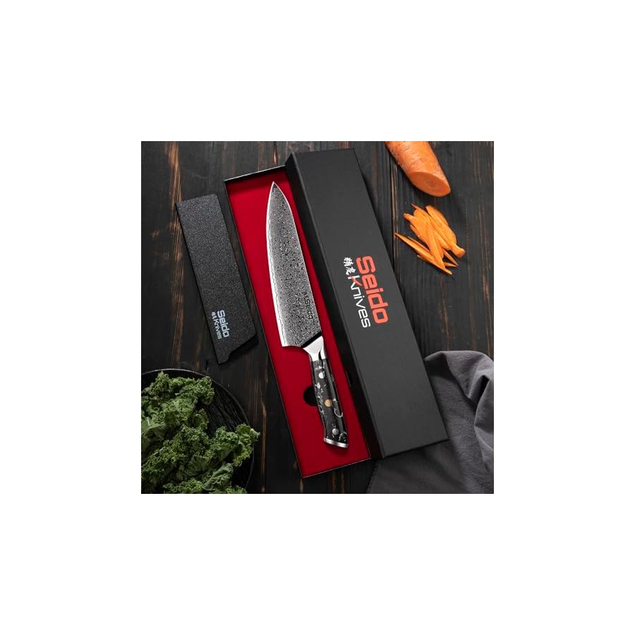 Seido Knives Takoizu 8" Gyuto Chef Knife - Black Damascus Steel with VG-10 Super Steel Blade and Strong Turquoise Black Handle