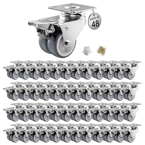 Image of Caster Wheels, 2inch Casters Set of 48 Heavy Duty, Two-Wheeled Grey TPR Casters with Brake, Double-Wheeled Swivel Plate Locking Castor Wheels Widely Used in All Kinds of Furniture.(48 Pack)