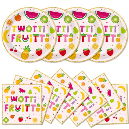 Qyeahkj 48Pcs Twotti Frutti Paper Plates and Napkins Summer Fruit 2nd Birthday Party Decorations Second Birthday Party Supplies Summer Fruit Disposable Tableware Set for Kids Boys Girls Serve 24
