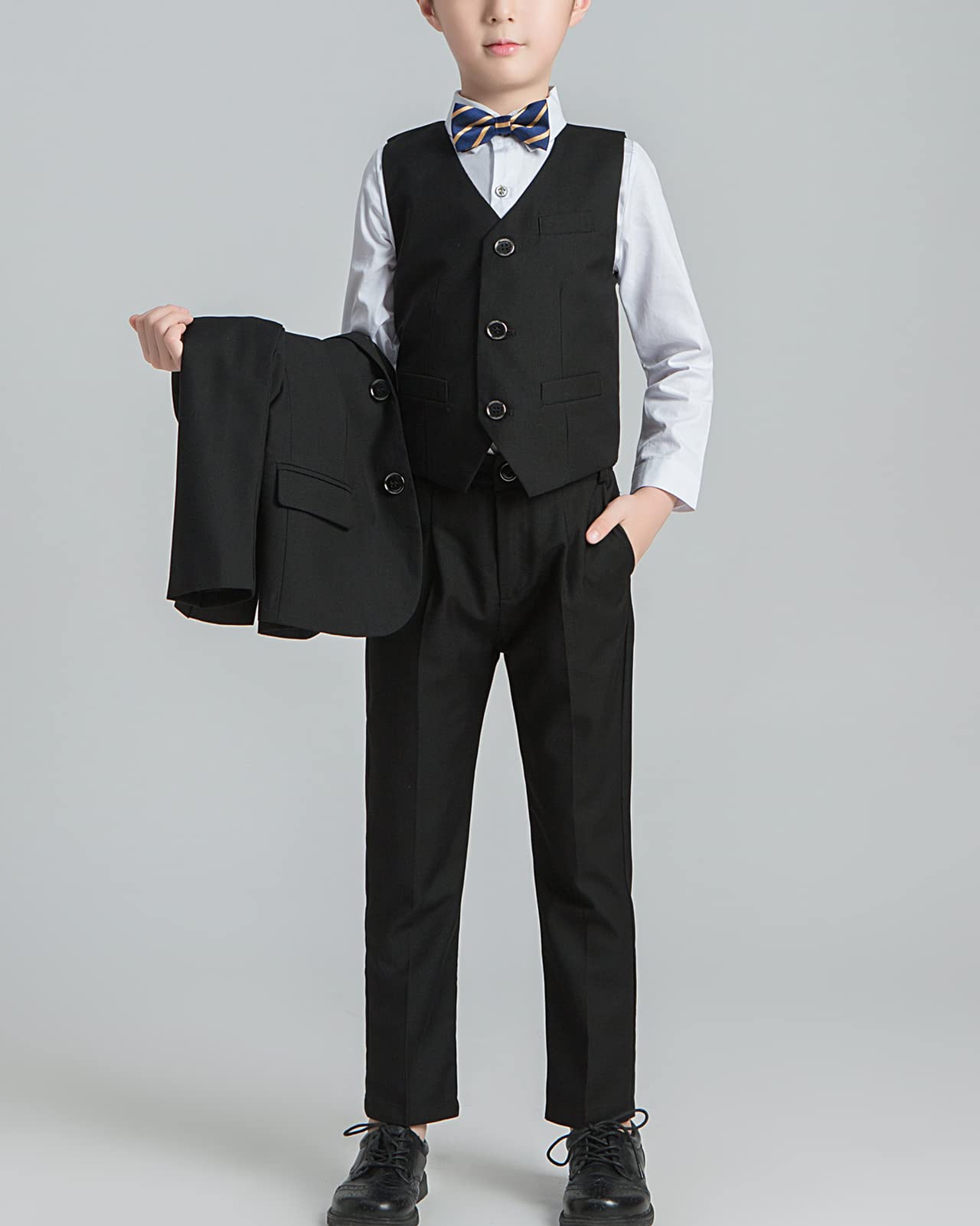 3/4 Piezas Traje de Boda para Niño Gentleman Ceremonia Conjunto, Camisa de Manga Larga, Pajarita, Chaleco de Vestir, Pantalones