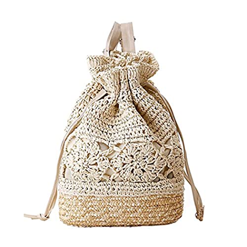 Image of Women Knapsack Crochet Woven Straw Backpack with Leather Straps Shoulder Bags Drawstring Backpack Summer Holiday Beach Tote Beige Rucksack