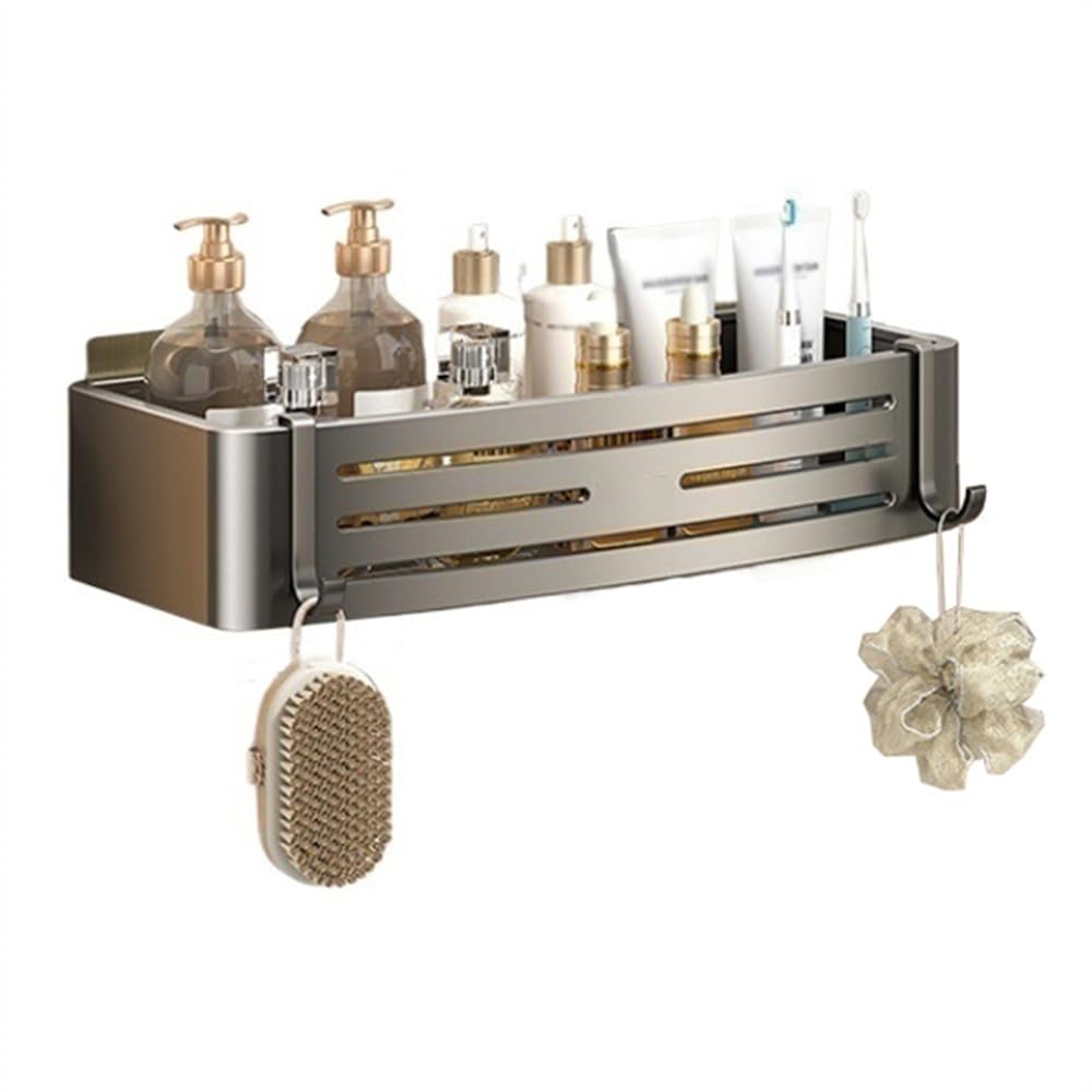SDGBCXD bathroom shelves, Wall-Mounted Adhesive Shower Caddy with 4 Hooks, No Drill Towel Storage Solution(Gris)