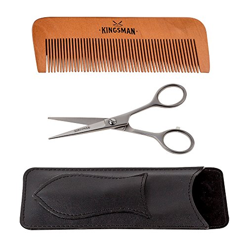 Grooming Kit for Beard, Mustache, Sideburns, Hair - Includes Sandalwood Comb, Razor Sharp 5 Inch Scissors with Larger Finger Holes, Faux Leather Storage Case For Protection During Storage and Travel.