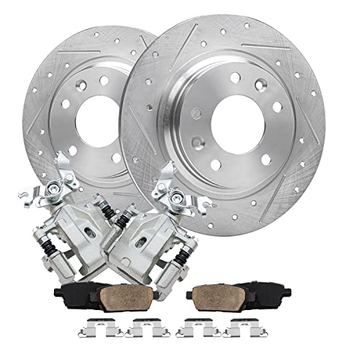 Image of Detroit Axle - Rear Brake Kit for Ford Fusion Lincoln MKZ Zephyr Mazda 6 | Mercury Milan Drilled & Slotted Brake Rotors Brake Calipers w /Brackets Ceramic Brake Pads Replacement [11.02 inch Rotors]
