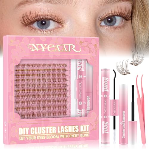 Image of NYCAAR Velure Natural Brown Lash Clusters Kit Wispy Invisible Band Lash Extension Kit 120pcs Venus Lashes Clusters in C Curl 8-16mm with Bond and Seal, Remover & Applicators for Beginner DIY at Home