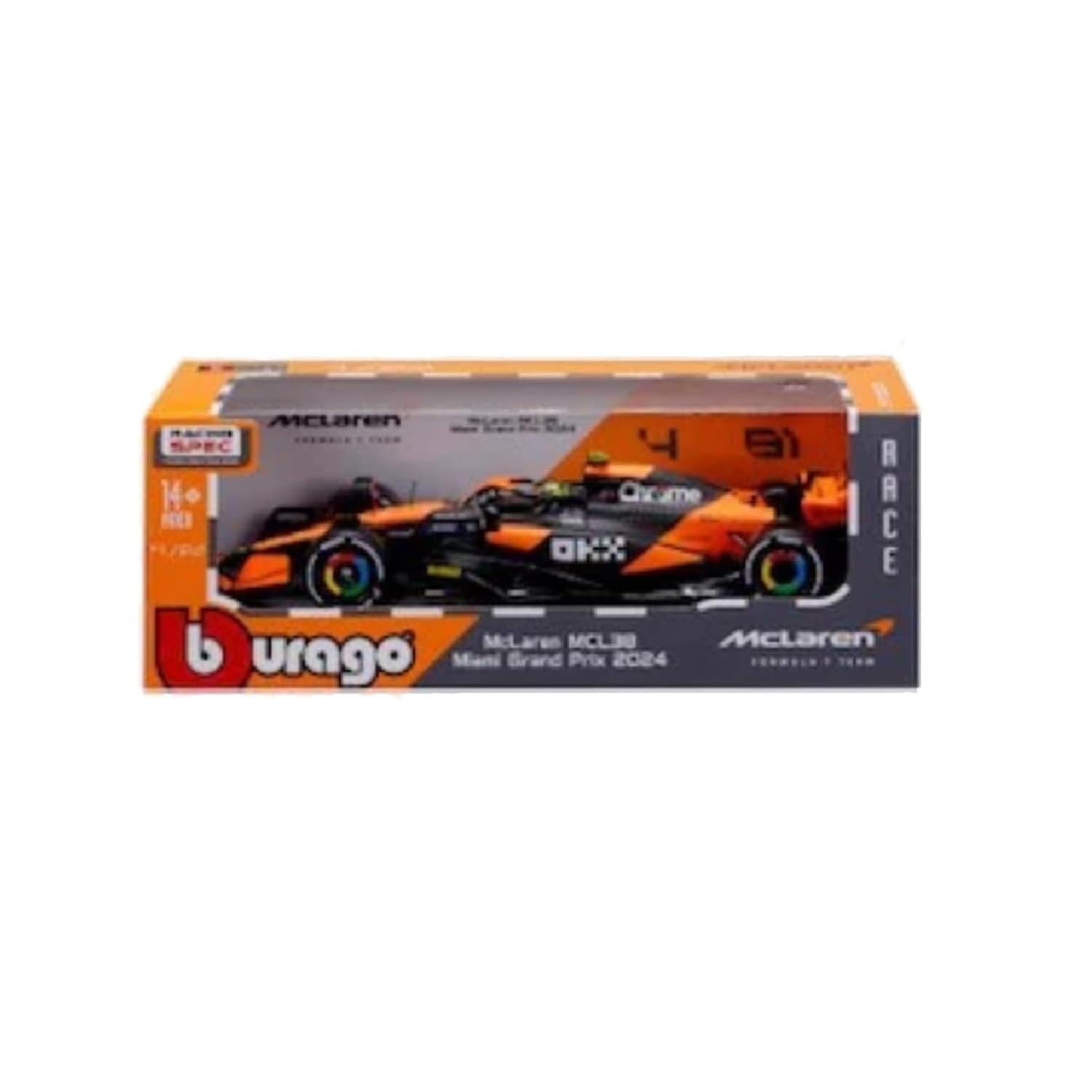 Bburago McLaren MCL38 Miami Grand Prix 2024 F1 Racing Car, 1:24 Scale, Lando Norris, Tyre Changing Playset For Ages 3+