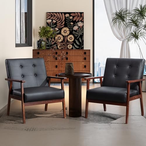 Image of STHOUYN Accent Chairs Set of 2, Leather Chair with Wood Frame (2) | STHOUYN, Upholstered, Tufted, Comfy, Reading Arm Chair, Mid-Century Modern, Living Room, Waiting Room, Office