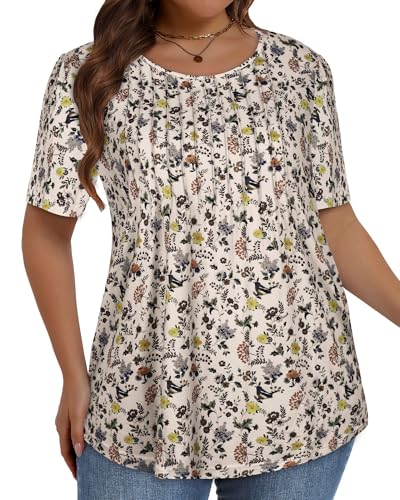 Image of Plus Size Tops for Women Pleated Summer Top Trendy Short Sleeve Shirts Casual Basic Tee Crew Neck Blouses 2026