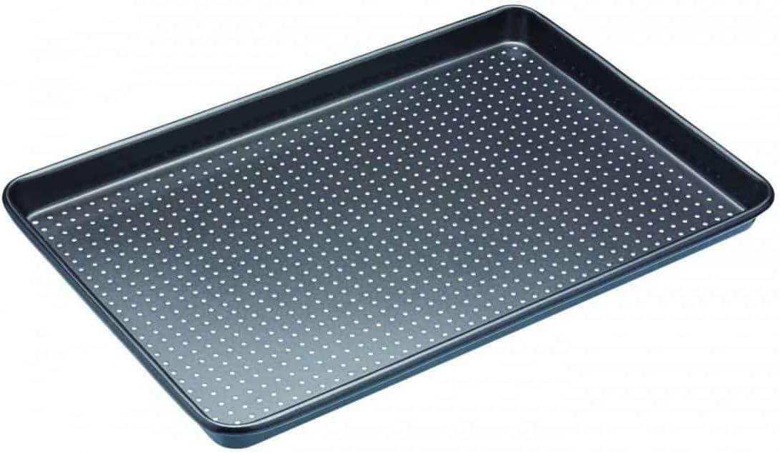 MasterClass Crusty Bake, Baking Tray with PTFE, PFOA and BPA Free Non Stick, Robust 1mm Thick Carbon Steel, Cookie Sheet, Perforated Holes for Ultimate Crisp, Ultra Double Layer, 39x27cm, Grey