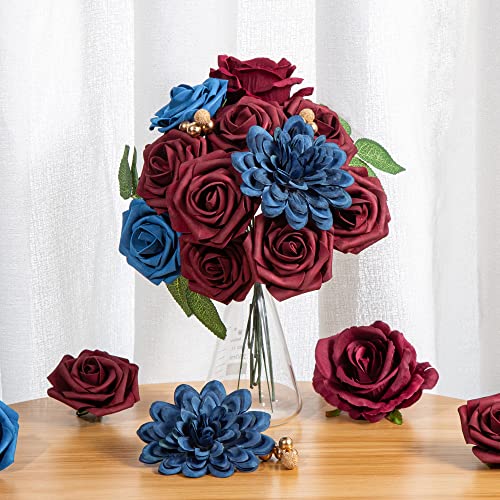 Exoment Artificial Flowers Combo Box Set Multi Use Fake Flowers Box Silk Rose With Stems For Diy Centerpieces Arrangements Candle Holder Baby Shower (Noble Burgundy And Royal Blue) #TOP5