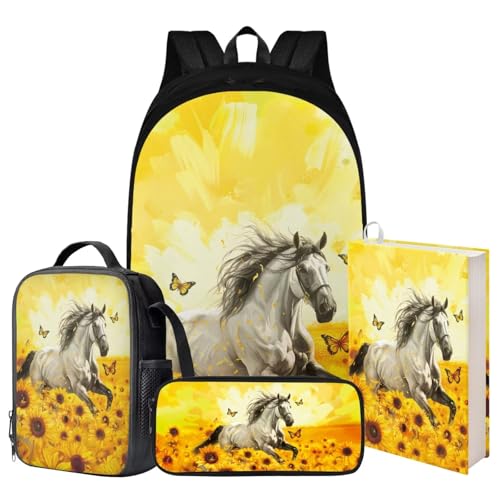 POLERO Yellow Sunflower Horse Backpack for Girls 10-12 Bookbag with Lunch Box Pencil Case Book Cover School Bag Set 4Pcs for Teen Back to School Travel