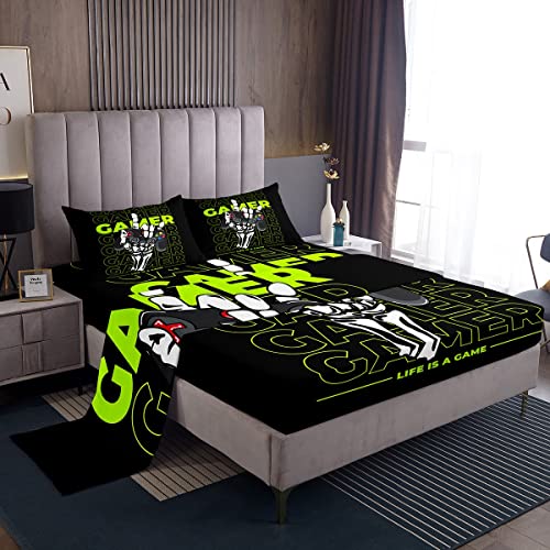 Gaming Bedding Sheet for Girls Boys Children Gamer Gamepad Bedding Set Video Game Fluorescent Green Bed Sheets Room Decor Game Controller Bed Sheet Set Twin Size