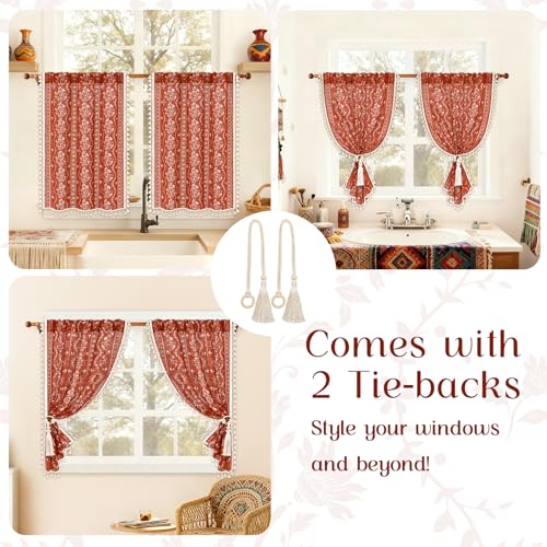Image of Yinhua Boho Kitchen Curtains 36 Inch Length Vintage Linen Burnt Orange Cafe Curtains Light Filtering Floral Tier Rod Pocket Farmhouse Rustic Tassel Terracotta Small Drapes with Tiebacks, 2 Panels