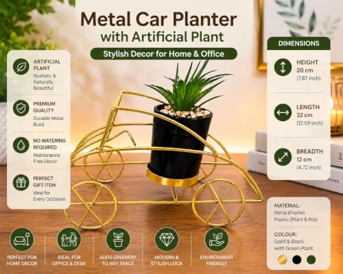 Image of Metal Car Planter with Artificial Plant | Decorative Tabletop Showpiece for Home & Office | Gold & Black Modern Desk Decor